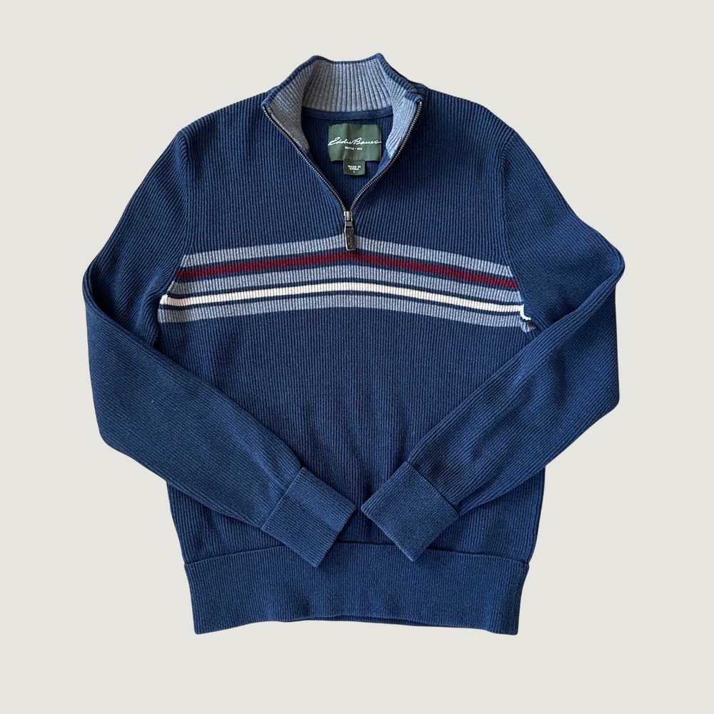 Eddie Bauer 90s Dad Mens L Navy Blue Striped Ribbed Cotton Quarter Zip Sweater